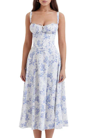 Carmen™ | Blauw bloemen taille vormende midi-jurk