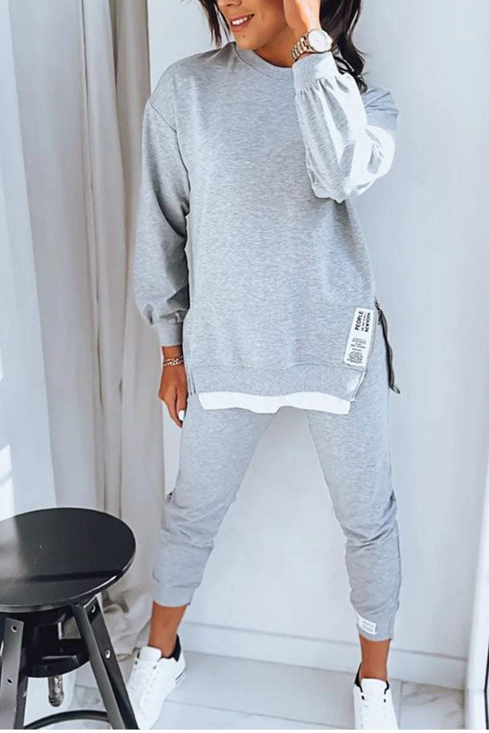Madeline™| Splitten Detail Ronde Hals Sweatshirt en Broek Set
