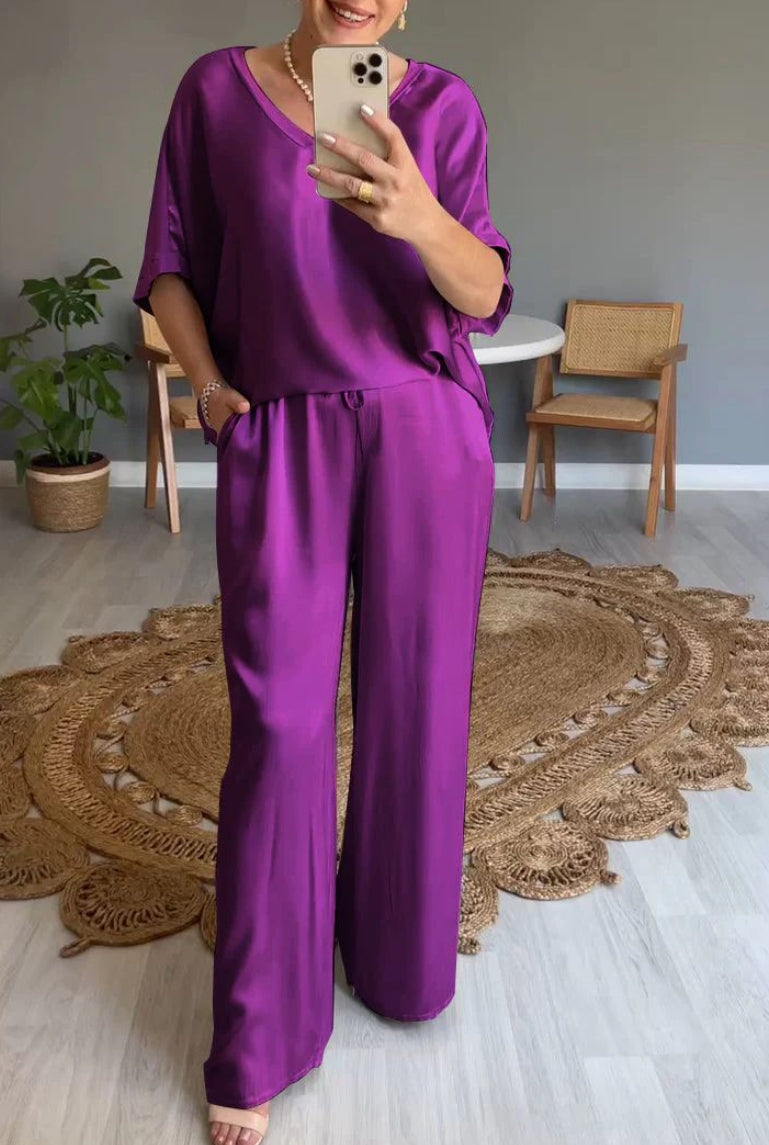 Lydia™| Elegante Satijnen V-hals en Broek Set