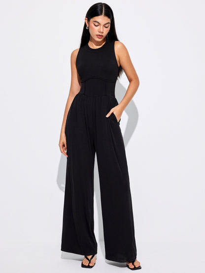 Sosho™ | Effen Mouwloze Jumpsuit Met Wijde Pijpen