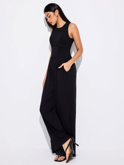 Sosho™ | Effen Mouwloze Jumpsuit Met Wijde Pijpen