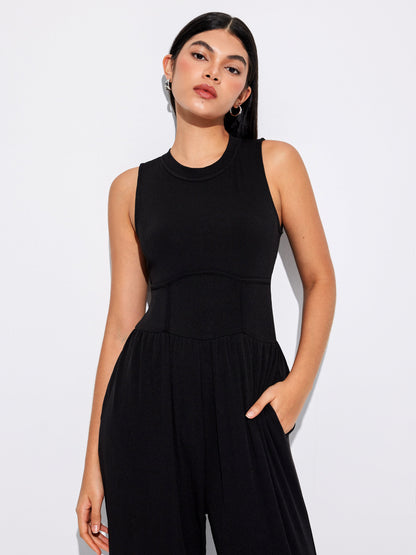 Sosho™ | Effen Mouwloze Jumpsuit Met Wijde Pijpen