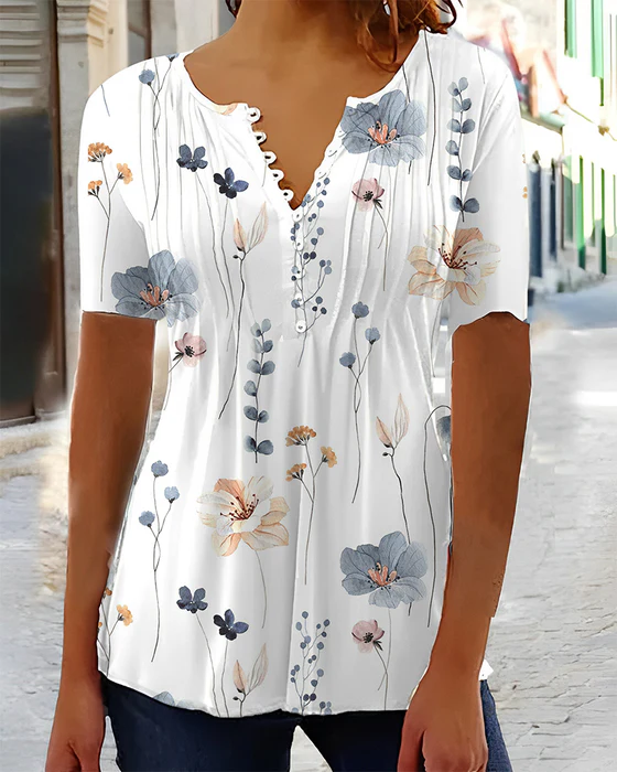 Neren™ | Bloemen V-Hals Blouse met Knopen