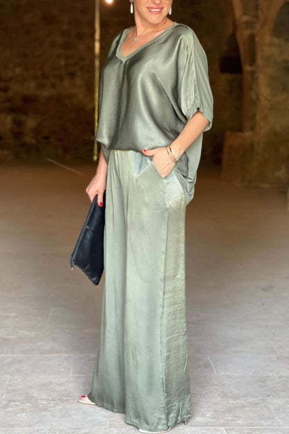 Lydia™| Elegante Satijnen V-hals en Broek Set