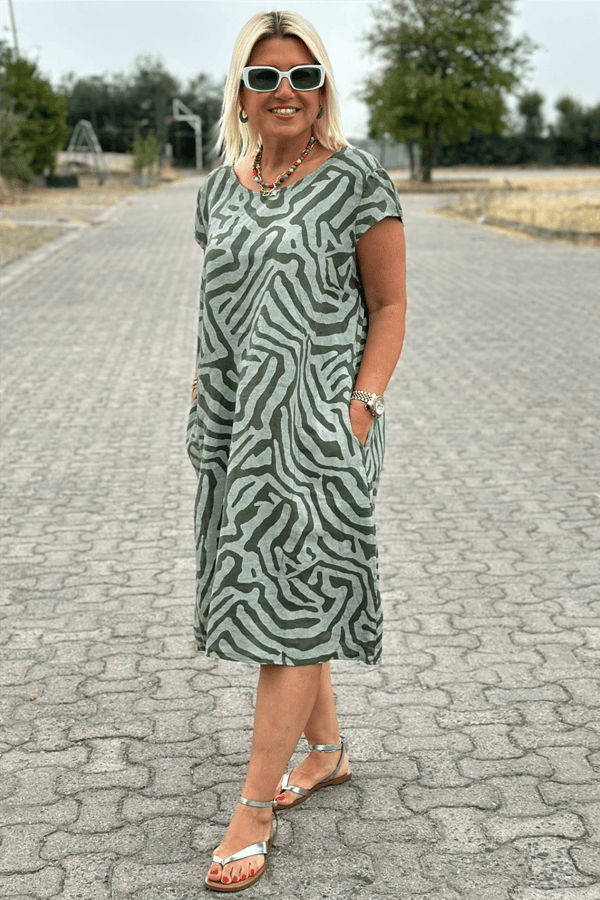 Nelia™ | Midi-jurk met zebraprint en ronde hals in Rayon