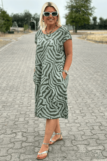 Nelia™ | Midi-jurk met zebraprint en ronde hals in Rayon