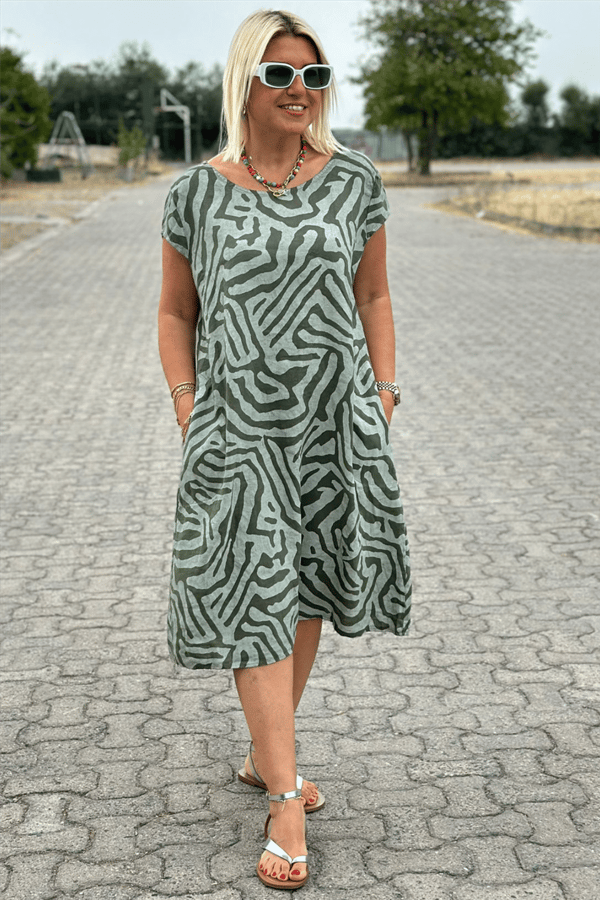 Nelia™ | Midi-jurk met zebraprint en ronde hals in Rayon