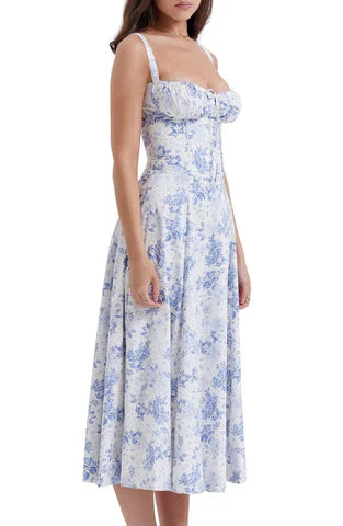 Carmen™ | Blauw bloemen taille vormende midi-jurk