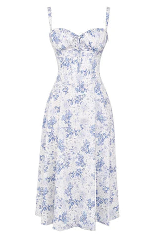 Carmen™ | Blauw bloemen taille vormende midi-jurk