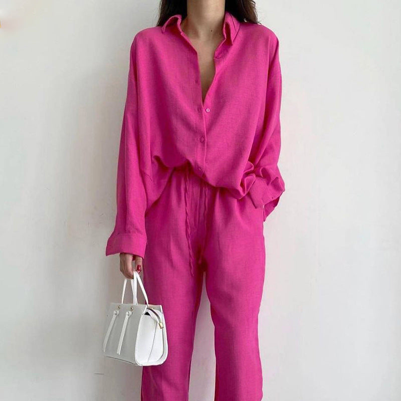 Valia | Linnen set met blouse en broek met wijde pijpen