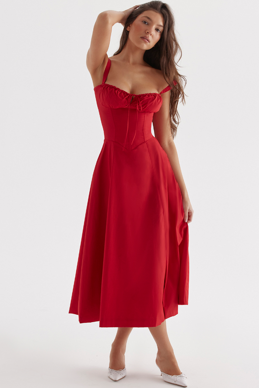 Carmen™ | Rood Rose taille vormende midi-jurk