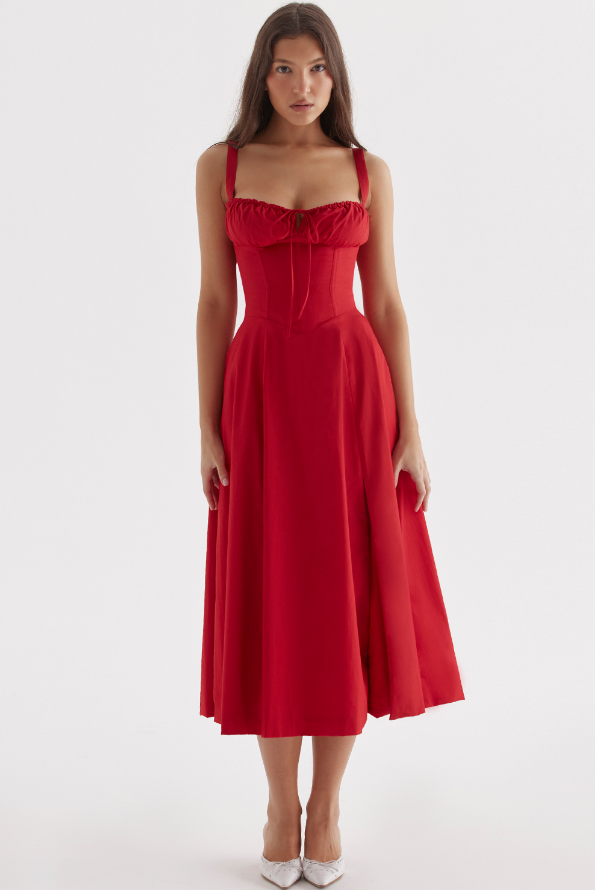 Carmen™ | Rood Rose taille vormende midi-jurk