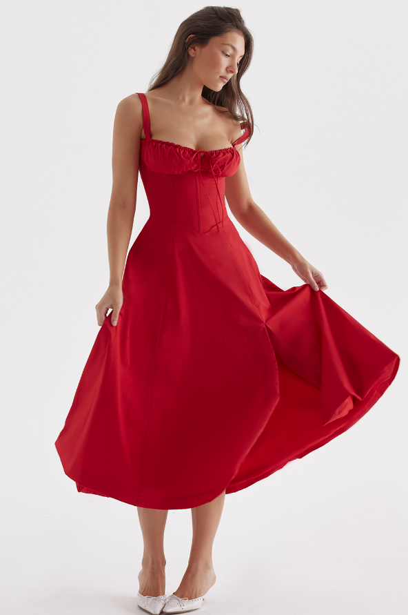 Carmen™ | Rood Rose taille vormende midi-jurk