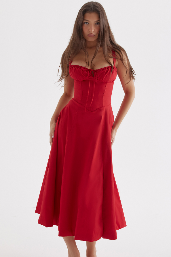 Carmen™ | Rood Rose taille vormende midi-jurk
