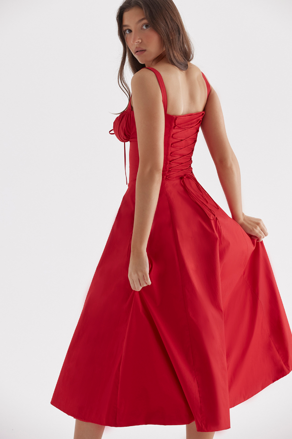 Carmen™ | Rood Rose taille vormende midi-jurk