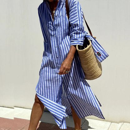 Nadine™ | Gestreepte Kraag Midi Jurk