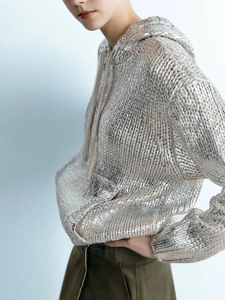 Zaar™ l Zilveren gebreide foil hoodie