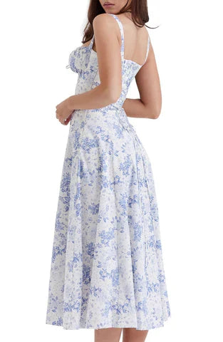 Carmen™ | Blauw bloemen taille vormende midi-jurk