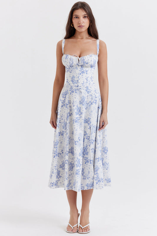 Carmen™ | Blauw bloemen taille vormende midi-jurk