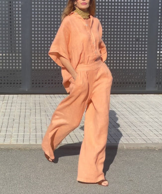 Anneliese™ l Casual Linnen Oranje Tweedelig Pak