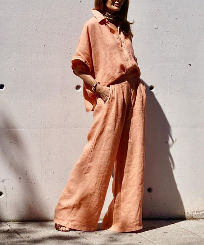 Anneliese™ l Casual Linnen Oranje Tweedelig Pak
