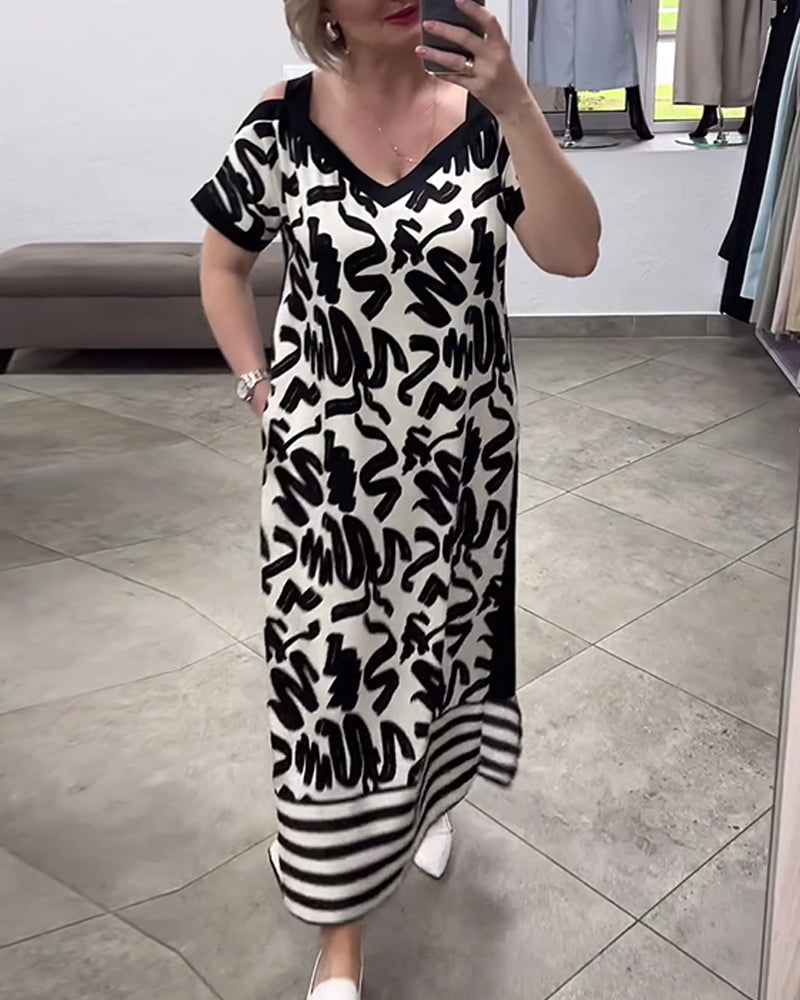 Selene™ | Jurk met korte mouwen en off-the-shoulder print