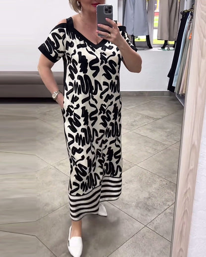 Selene™ | Jurk met korte mouwen en off-the-shoulder print