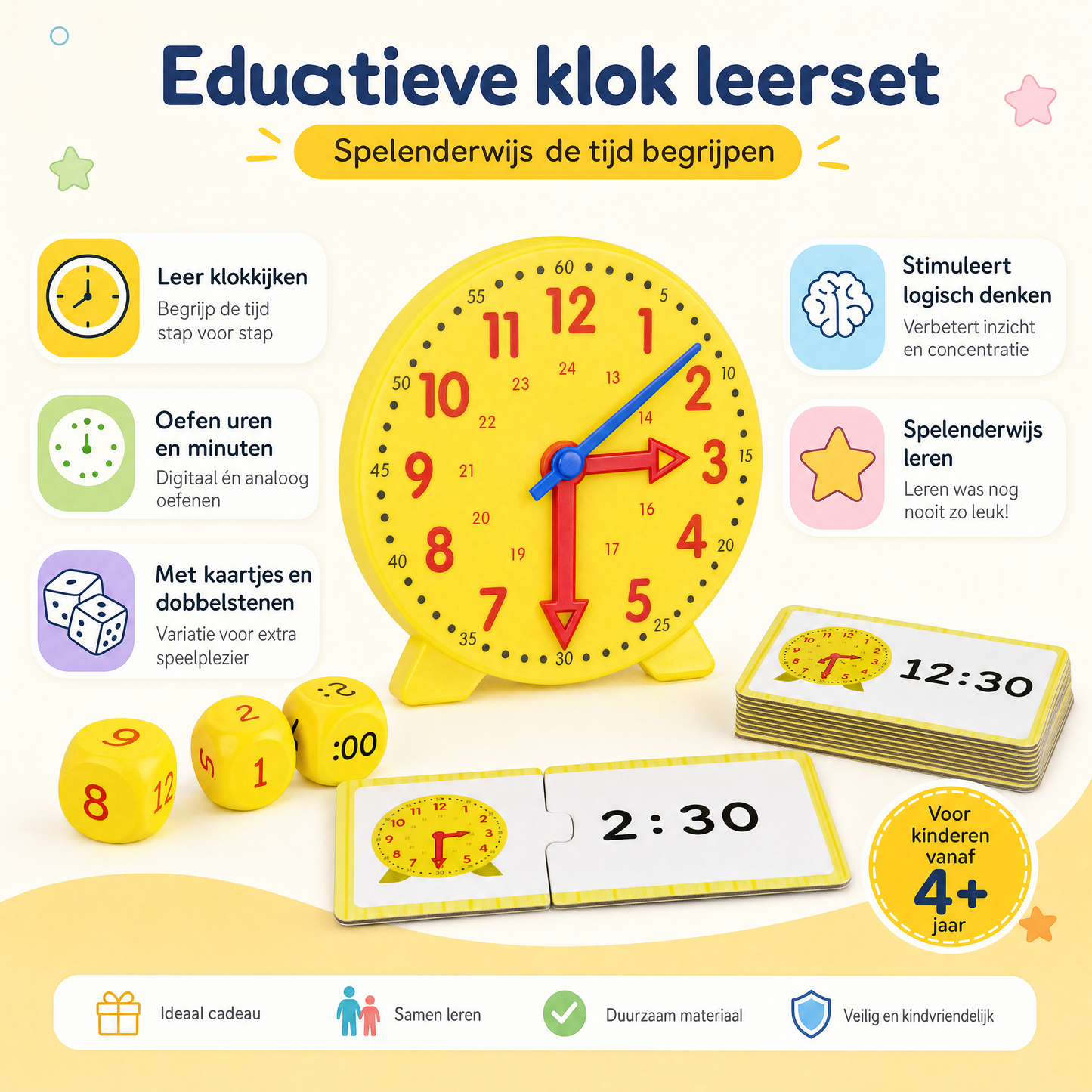 Montessori Klok Leerspel – Houten Educatief Tijd Leer Speelgoed