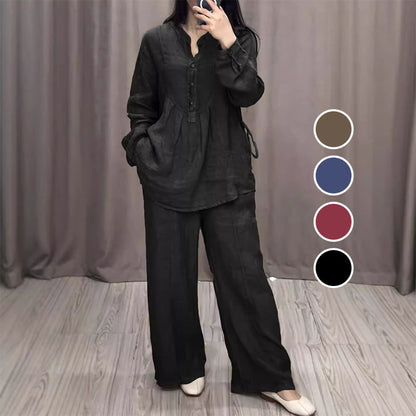 Zian™ | Katoen-linnen Lange Mouw Blouse & Broek Set