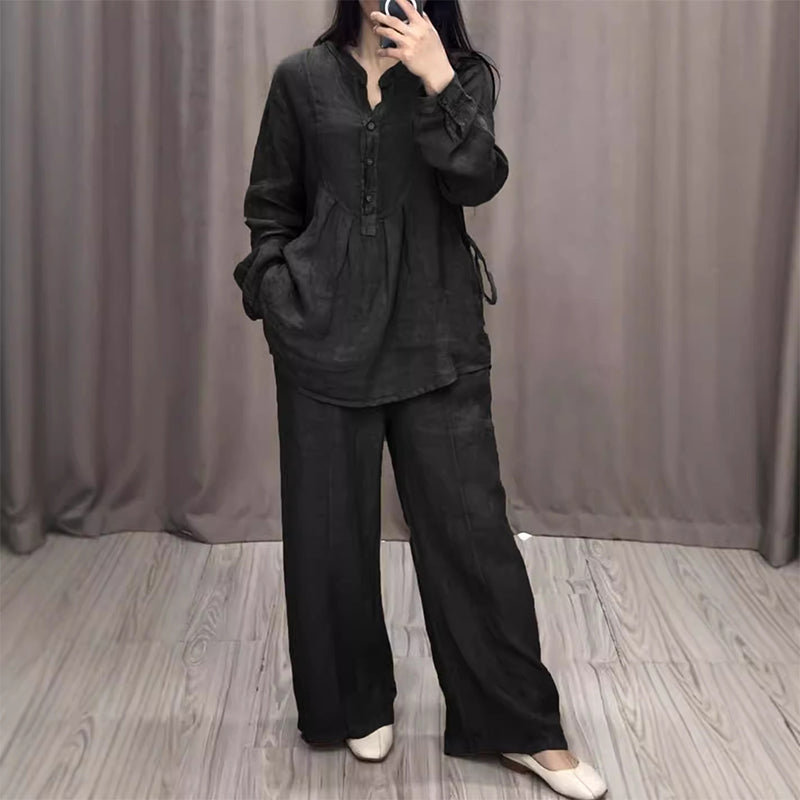 Zian™ | Katoen-linnen Lange Mouw Blouse & Broek Set