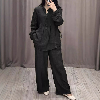 Zian™ | Katoen-linnen Lange Mouw Blouse & Broek Set