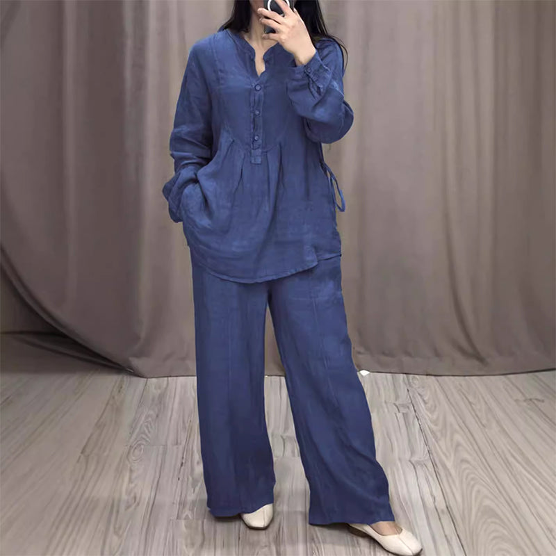 Zian™ | Katoen-linnen Lange Mouw Blouse & Broek Set