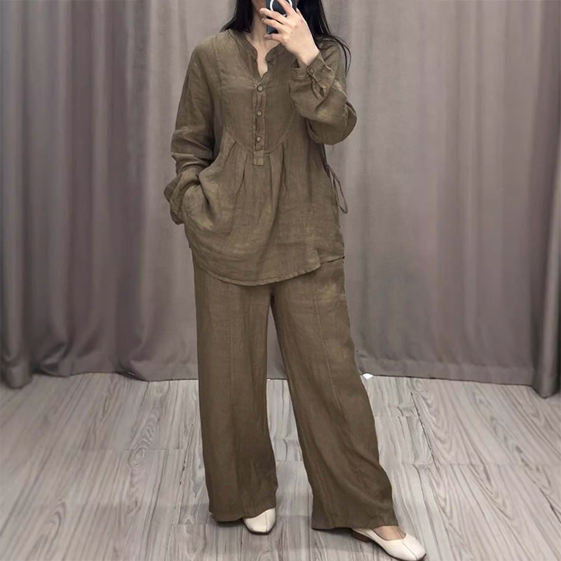 Zian™ | Katoen-linnen Lange Mouw Blouse & Broek Set