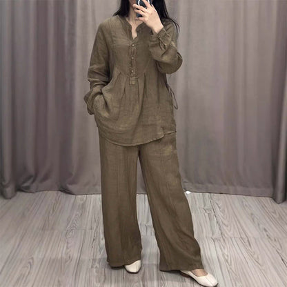 Zian™ | Katoen-linnen Lange Mouw Blouse & Broek Set