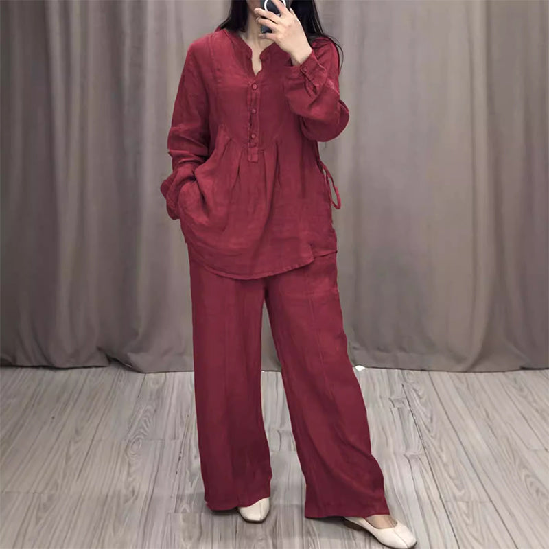 Zian™ | Katoen-linnen Lange Mouw Blouse & Broek Set