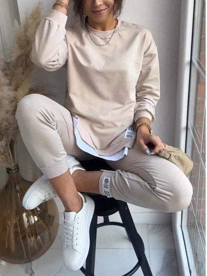 Madeline™| Splitten Detail Ronde Hals Sweatshirt en Broek Set
