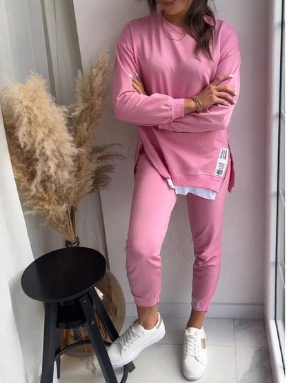 Madeline™| Splitten Detail Ronde Hals Sweatshirt en Broek Set