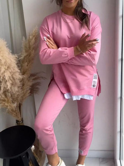 Madeline™| Splitten Detail Ronde Hals Sweatshirt en Broek Set