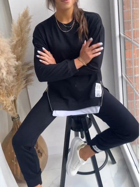 Madeline™| Splitten Detail Ronde Hals Sweatshirt en Broek Set